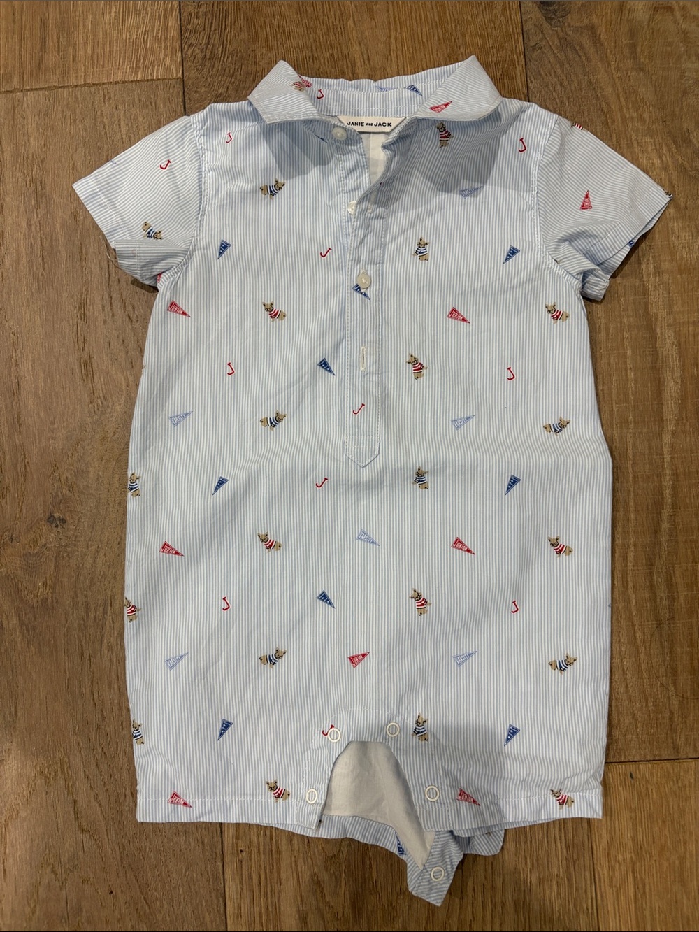 Janie and Jack Light Blue Striped Baby Romper with Red & Navy Accents